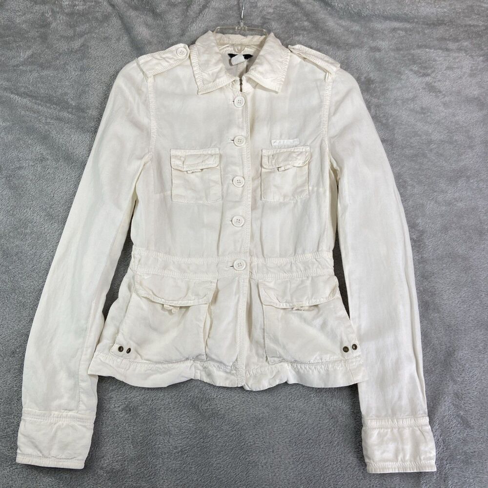 J Crew Utility Jacket Size XS Ivory Linen Silk Long Sleeve Button Up Cargo Y2K